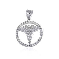 .925 Sterling Silver Medical Caduceus Staff Cubic Zirconia Halo Pendant Necklace