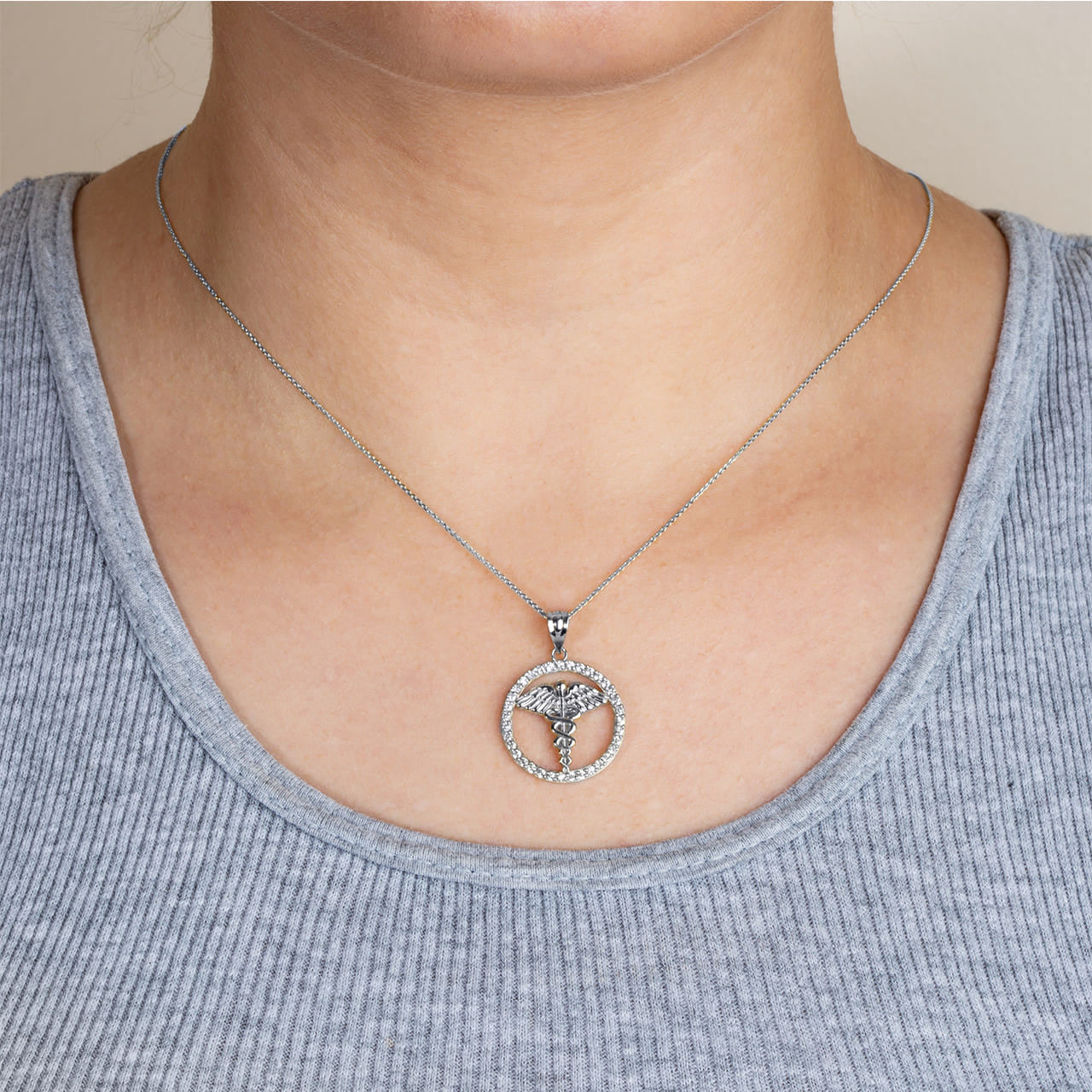 .925 Sterling Silver Medical Caduceus Staff Cubic Zirconia Halo Pendant Necklace