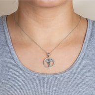 .925 Sterling Silver Medical Caduceus Staff Cubic Zirconia Halo Pendant Necklace