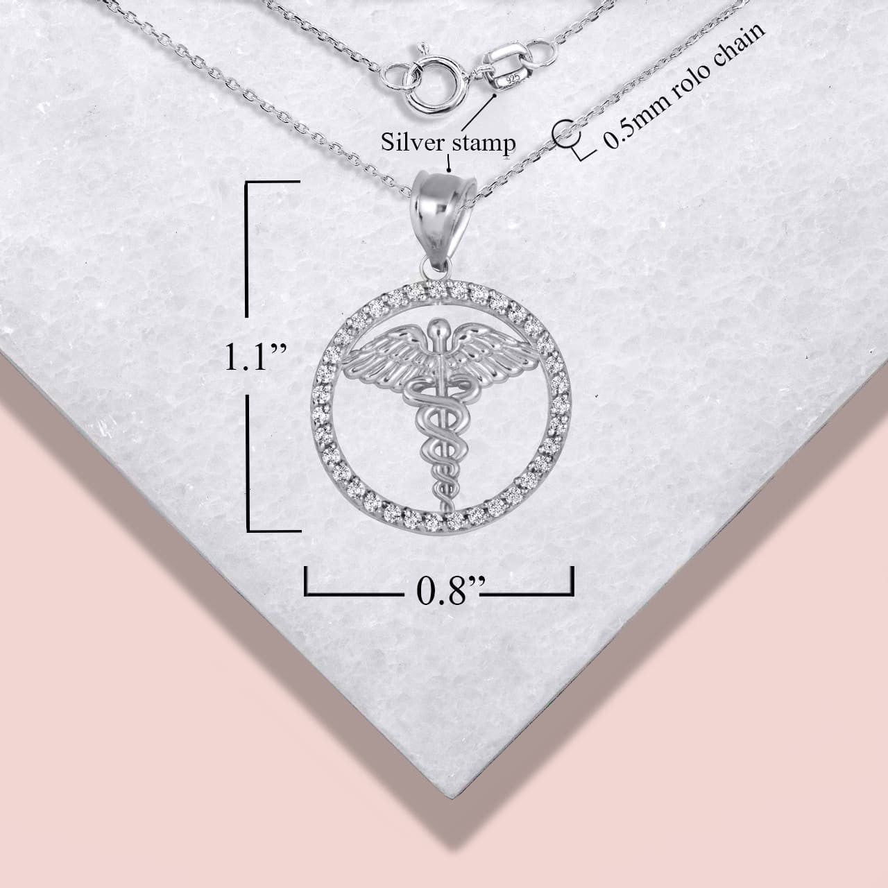 .925 Sterling Silver Medical Caduceus Staff Cubic Zirconia Halo Pendant Necklace
