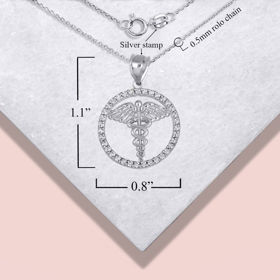 .925 Sterling Silver Medical Caduceus Staff Cubic Zirconia Halo Pendant Necklace