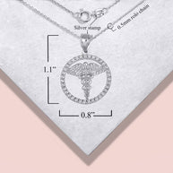 .925 Sterling Silver Medical Caduceus Staff Cubic Zirconia Halo Pendant Necklace