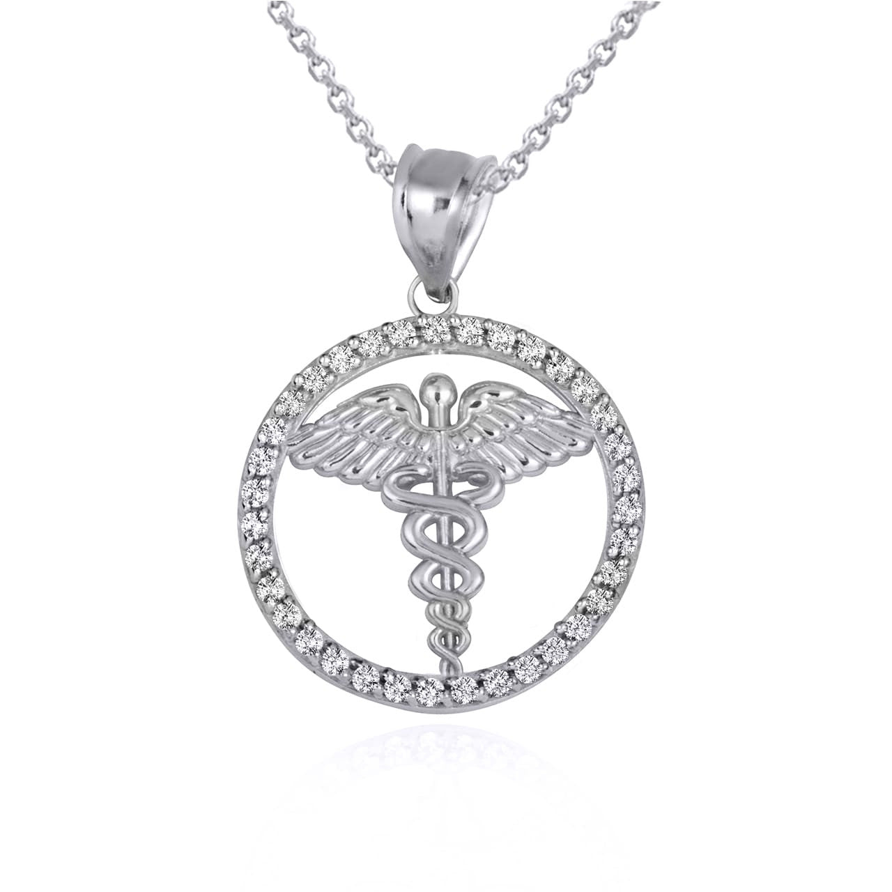.925 Sterling Silver Medical Caduceus Staff Cubic Zirconia Halo Pendant Necklace