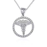 .925 Sterling Silver Medical Caduceus Staff Cubic Zirconia Halo Pendant Necklace