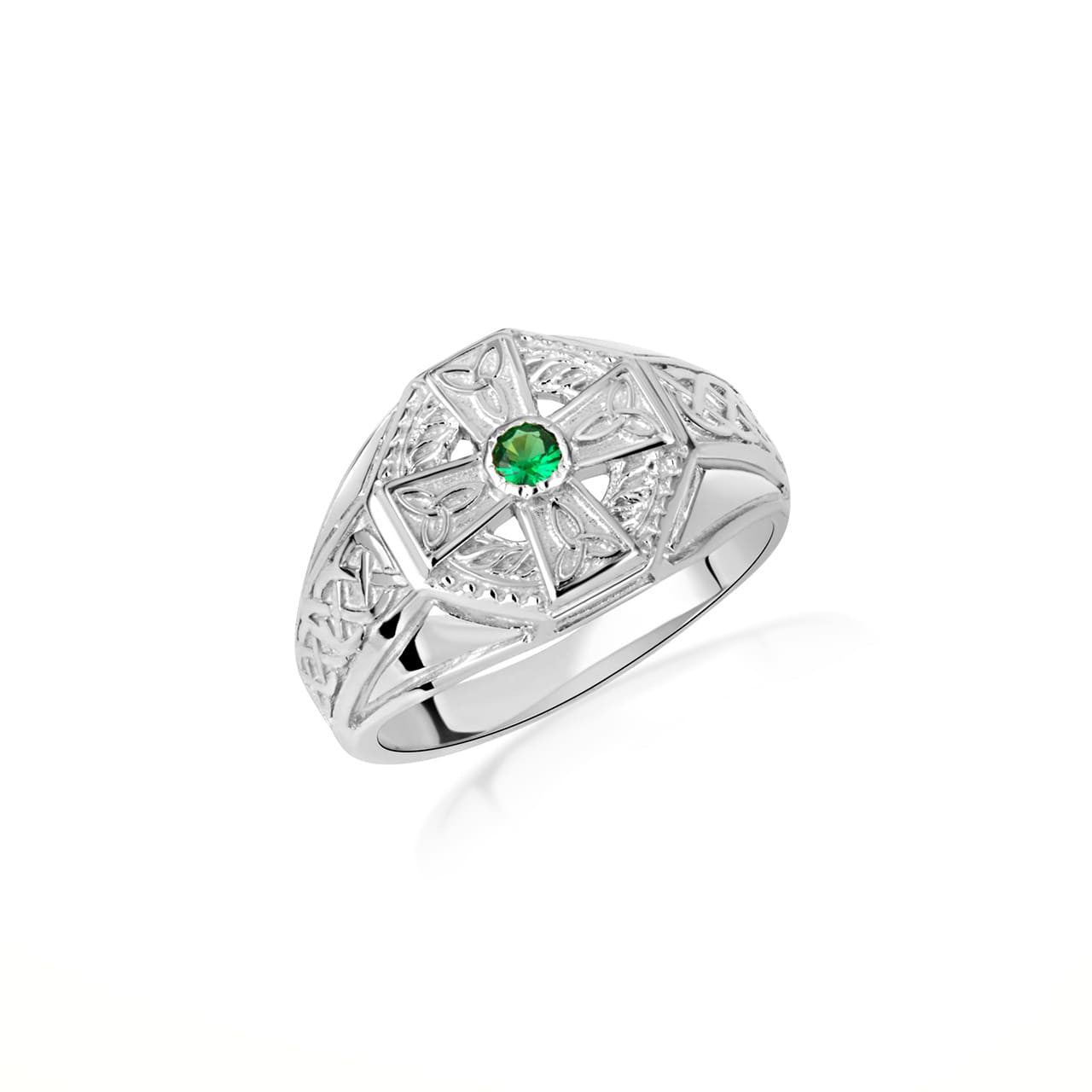 Gold Irish Celtic Trinity Knot Cross Emerald Birthstone Ring (Available in Yellow/White Gold)
