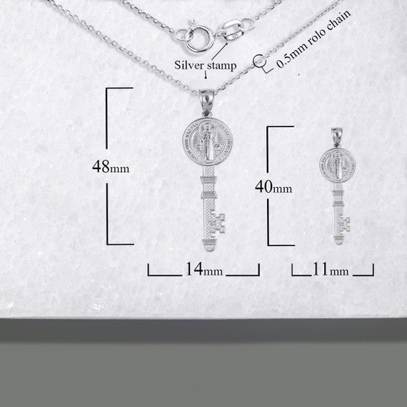 .925 Sterling Silver Saint Benedict Medal Key Textured Pendant Necklace (Available in Small/Large)