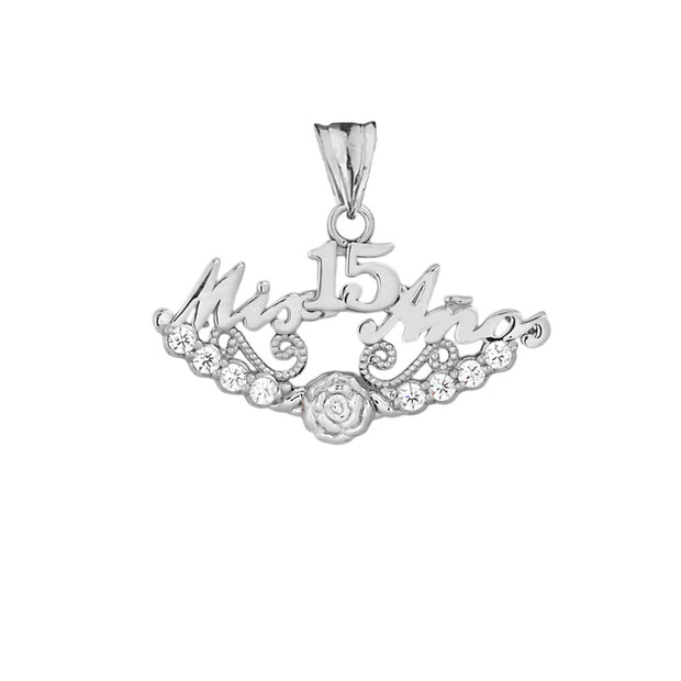 .925 Sterling Silver Cubic Zirconia Mis 15 Años Flower Quinceañera Pendant Necklace