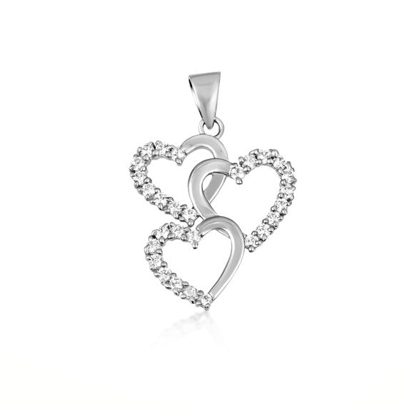 .925 Sterling Silver Cubic Zirconia Triple Heart Pendant Necklace