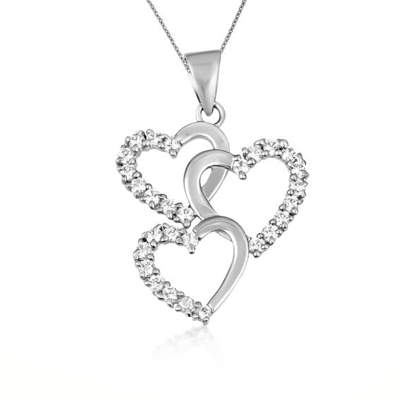 Gold Cubic Zirconia Triple Heart Pendant Necklace (Available in Yellow/Rose/White Gold)