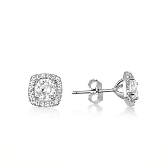 14K Gold Lab Grown 1ct Diamond Square Halo Solitaire Stud Earrings (Available in Yellow/Rose/White Gold)