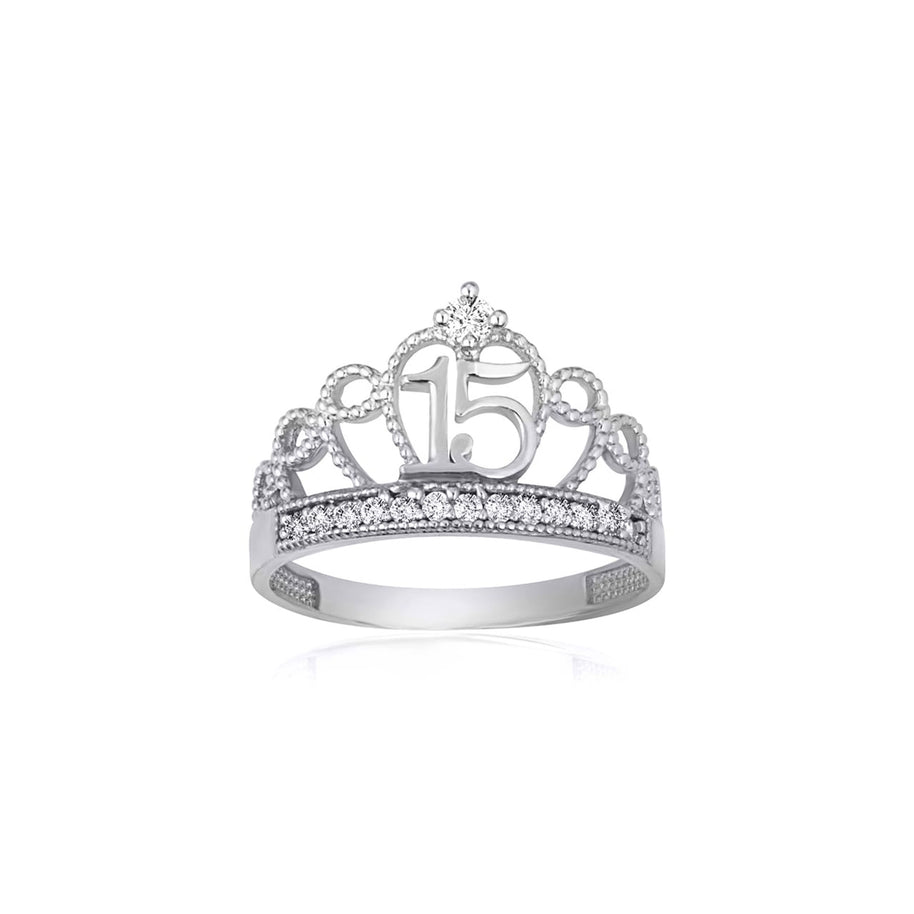 .925 Sterling Silver Cubic Zirconia 15 Años Filigree Crown Quinceañera Milgrain Ring