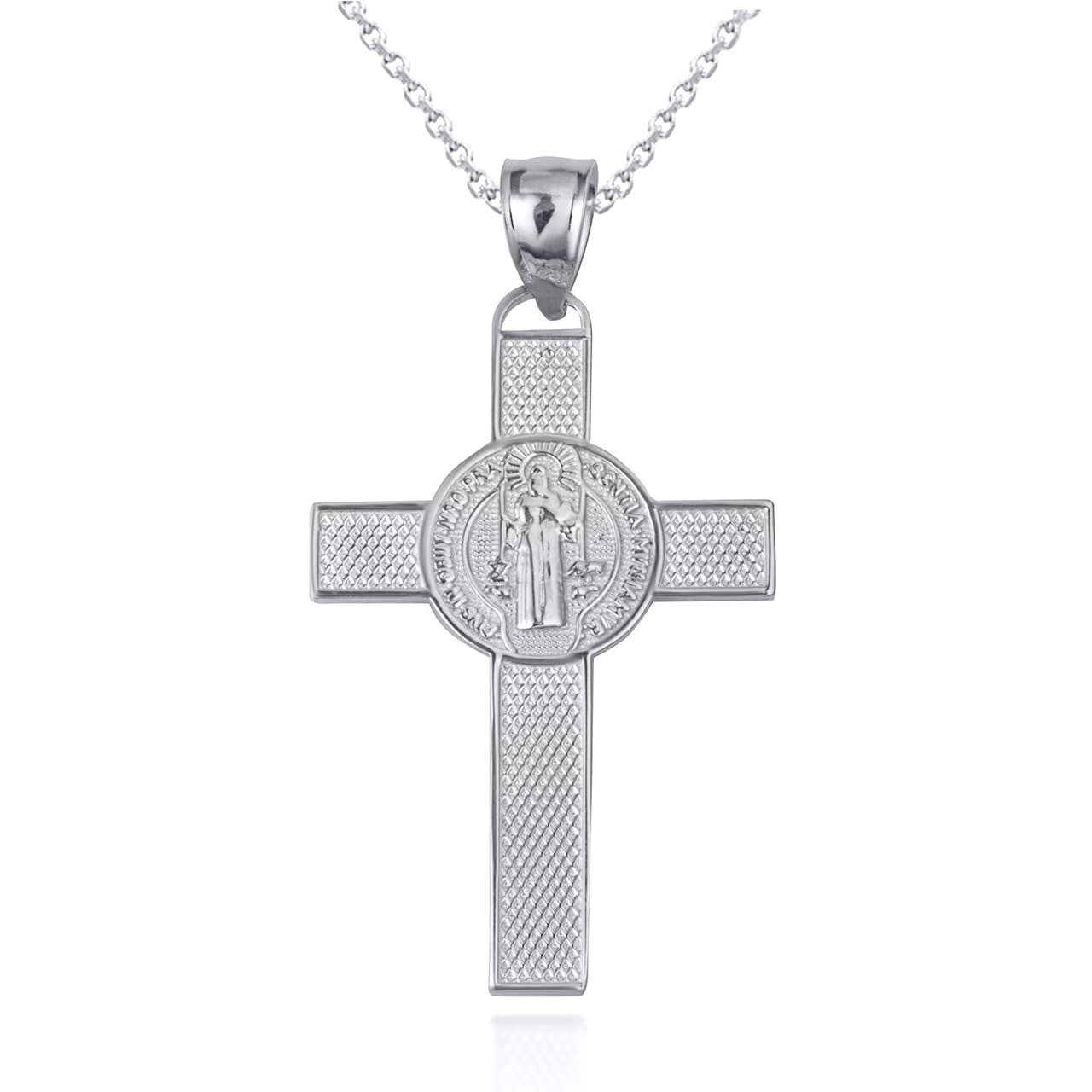 .925 Sterling Silver Saint Benedict Medal Cross Textured Pendant Necklace (Available in Small/Large)