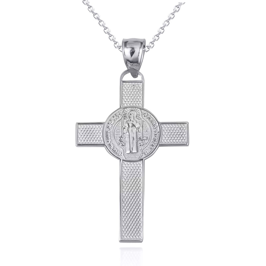 .925 Sterling Silver Saint Benedict Medal Cross Textured Pendant Necklace (Available in Small/Large)
