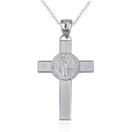 .925 Sterling Silver Saint Benedict Medal Cross Textured Pendant Necklace (Available in Small/Large)