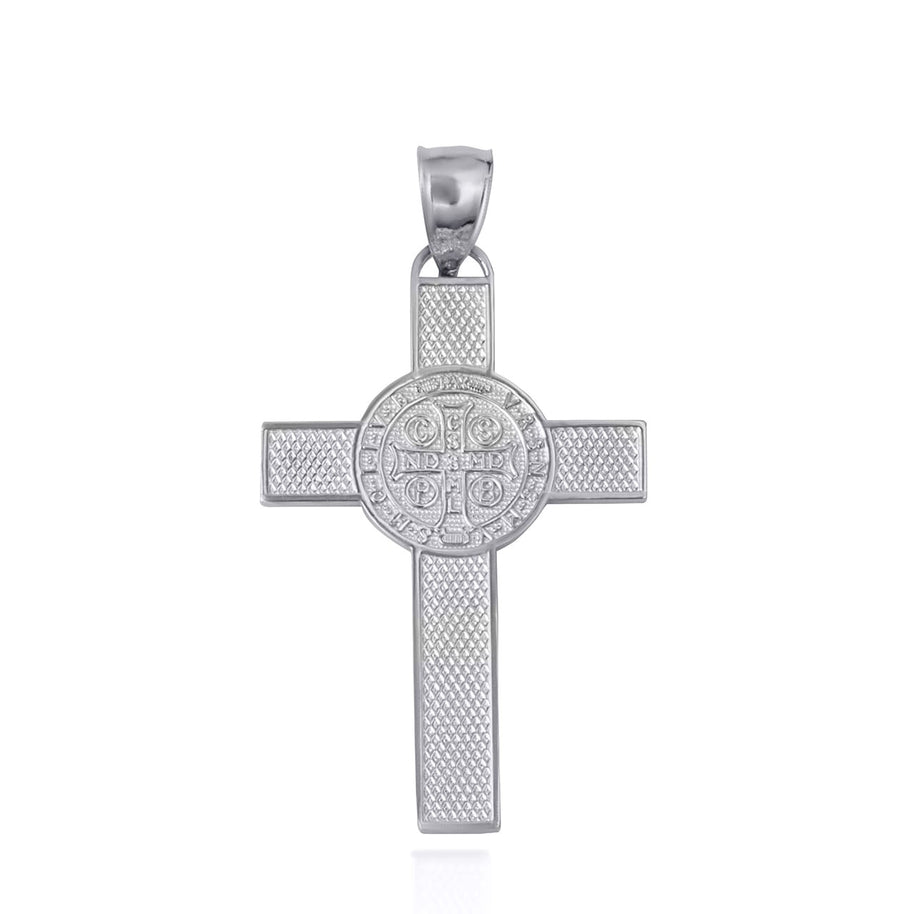 .925 Sterling Silver Saint Benedict Medal Cross Textured Pendant Necklace (Available in Small/Large)