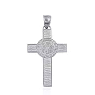 .925 Sterling Silver Saint Benedict Medal Cross Textured Pendant Necklace (Available in Small/Large)