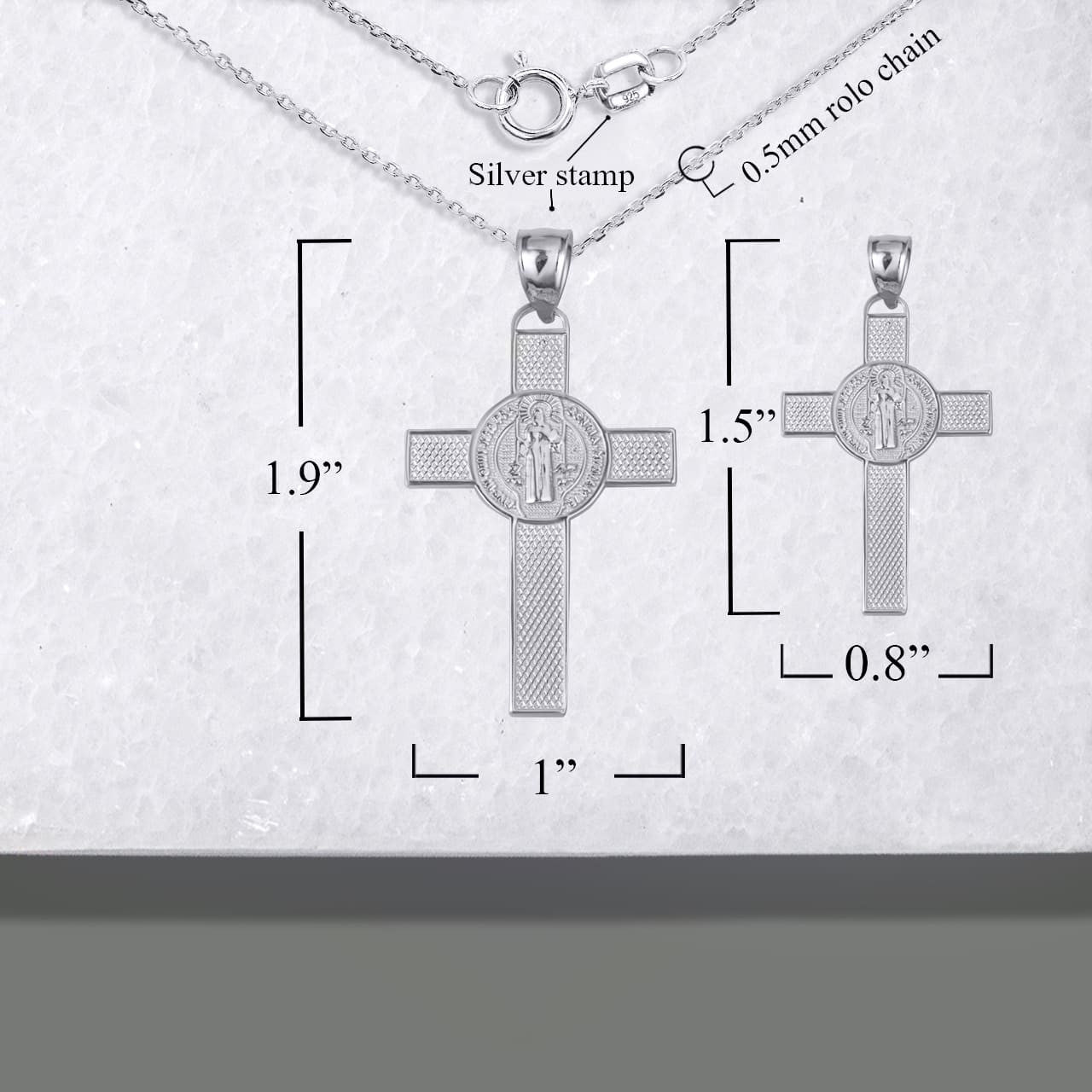 .925 Sterling Silver Saint Benedict Medal Cross Textured Pendant Necklace (Available in Small/Large)