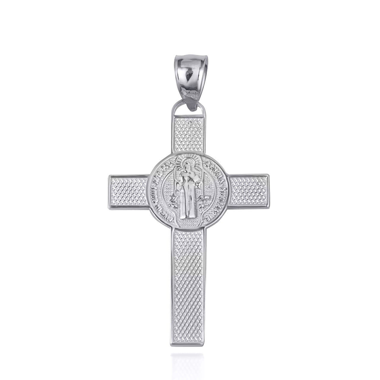 .925 Sterling Silver Saint Benedict Medal Cross Textured Pendant Necklace (Available in Small/Large)