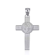 .925 Sterling Silver Saint Benedict Medal Cross Textured Pendant Necklace (Available in Small/Large)