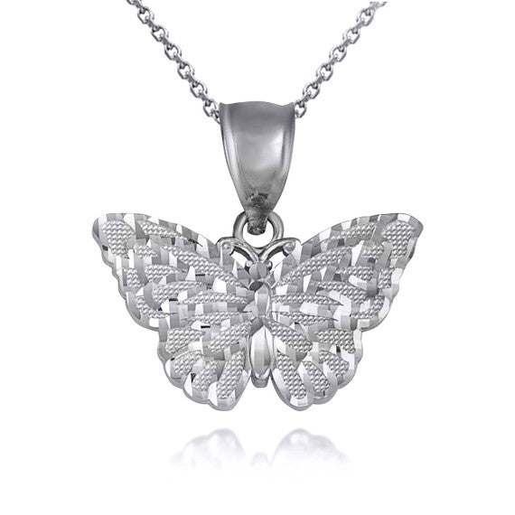 .925 Sterling Silver Butterfly Diamond Cut Pendant Necklace