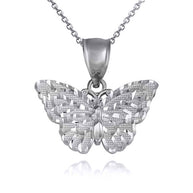 .925 Sterling Silver Butterfly Diamond Cut Pendant Necklace