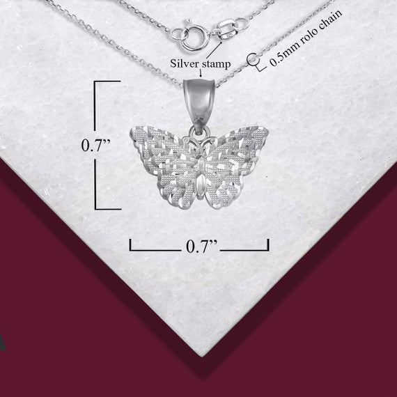 .925 Sterling Silver Butterfly Diamond Cut Pendant Necklace