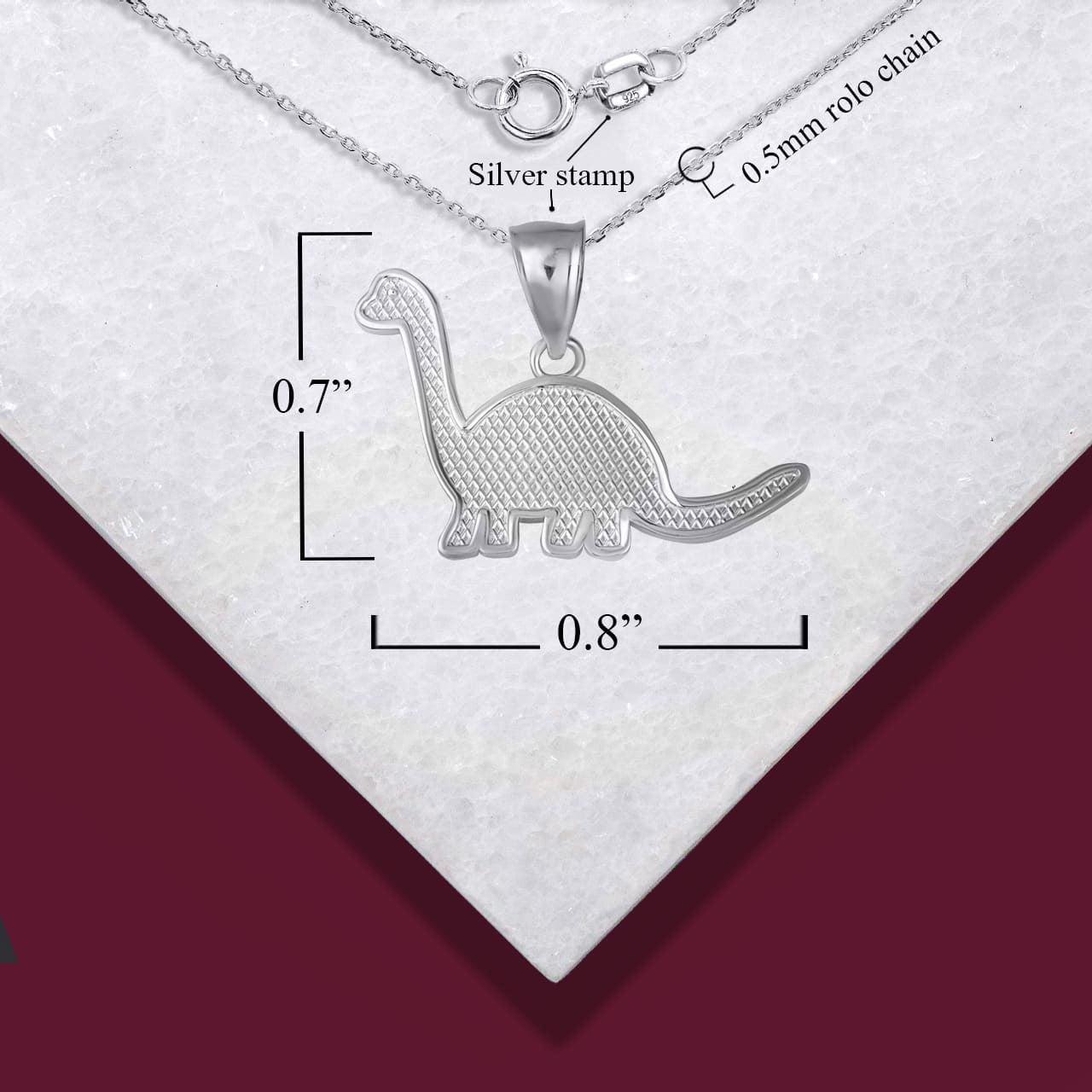 .925 Sterling Silver Brachiosaurus Dinosaur Textured Pendant Necklace