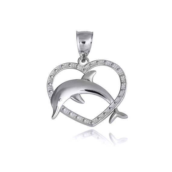 .925 Sterling Silver Beaded Heart Dolphin Pendant Necklace