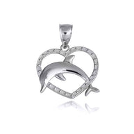 .925 Sterling Silver Beaded Heart Dolphin Pendant Necklace