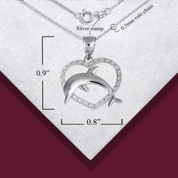.925 Sterling Silver Beaded Heart Dolphin Pendant Necklace