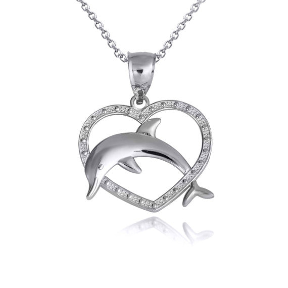.925 Sterling Silver Beaded Heart Dolphin Pendant Necklace
