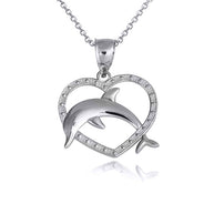 .925 Sterling Silver Beaded Heart Dolphin Pendant Necklace
