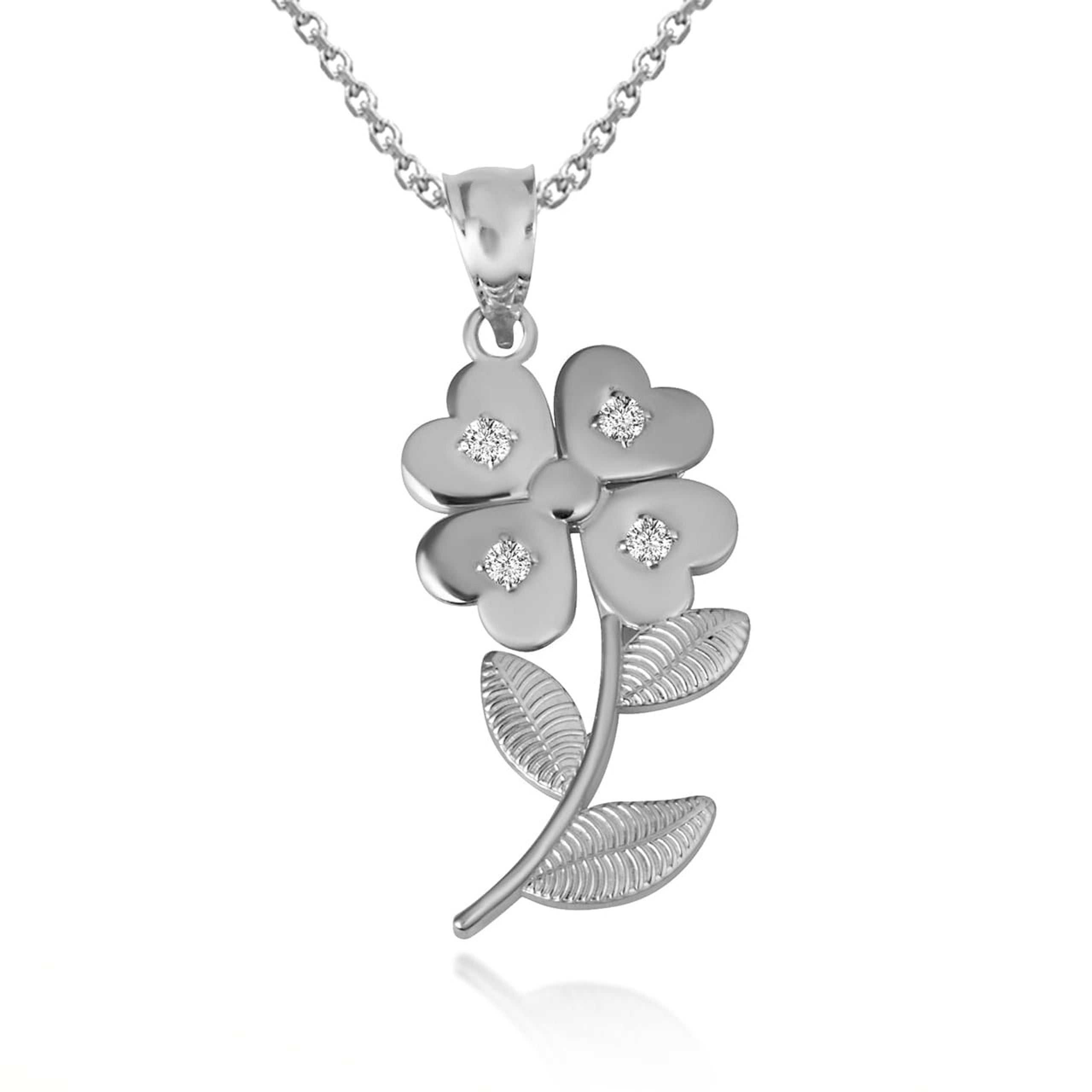 .925 Sterling Silver Cubic Zirconia 4 Leaf Clover Flower Pendant Necklace