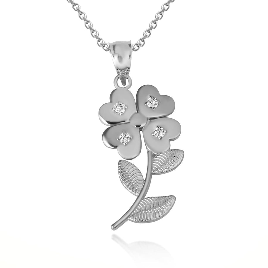 .925 Sterling Silver Cubic Zirconia 4 Leaf Clover Flower Pendant Necklace