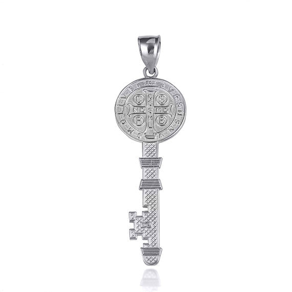 .925 Sterling Silver Saint Benedict Medal Key Textured Pendant Necklace (Available in Small/Large)