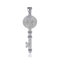 .925 Sterling Silver Saint Benedict Medal Key Textured Pendant Necklace (Available in Small/Large)