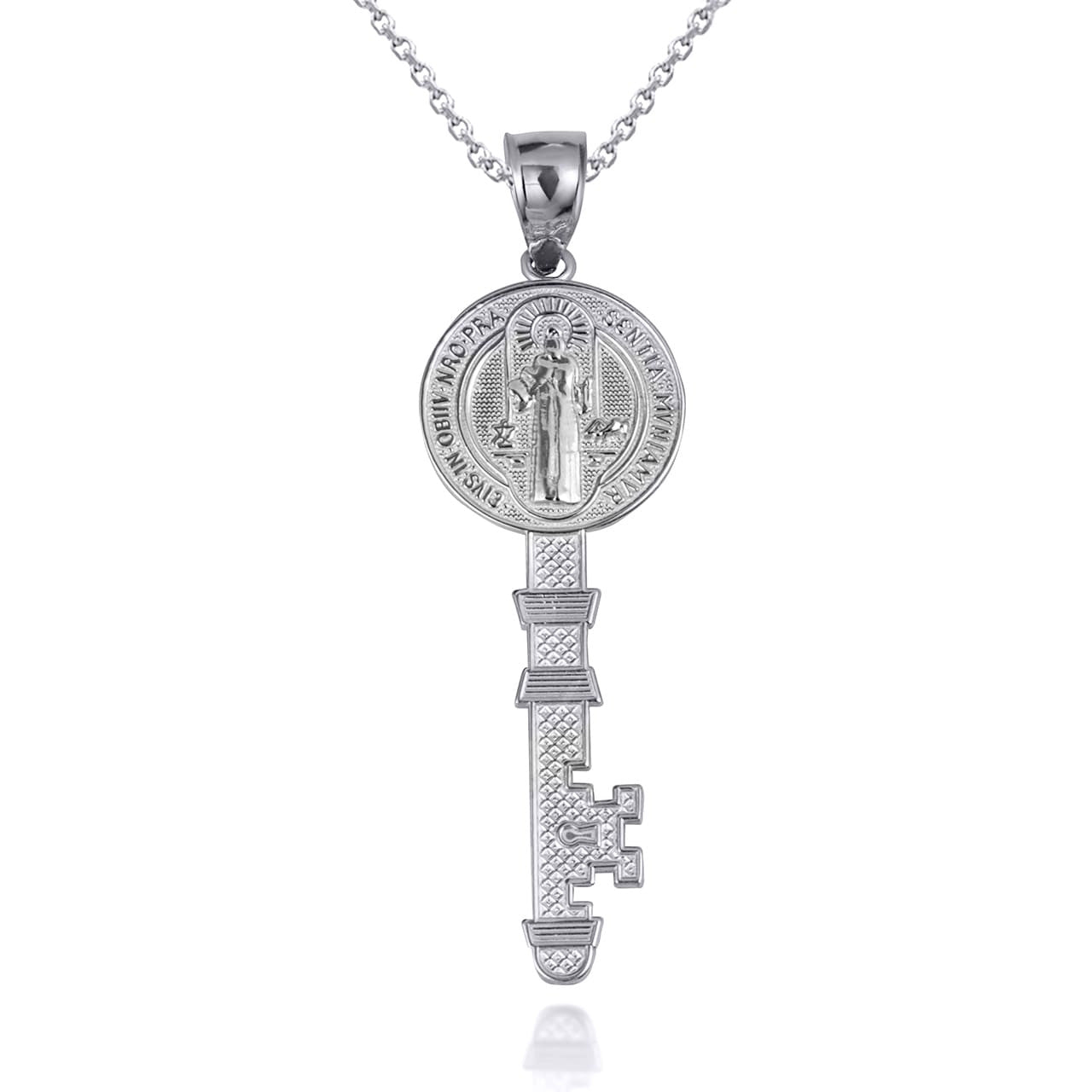 Two-Tone Gold Saint Benedict Medal Key Textured Pendant Necklace (Available in Small/Large & Yellow/Rose/White Gold)
