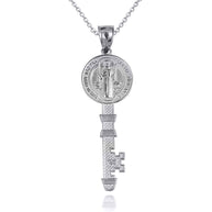 Two-Tone Gold Saint Benedict Medal Key Textured Pendant Necklace (Available in Small/Large & Yellow/Rose/White Gold)
