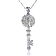 .925 Sterling Silver Saint Benedict Medal Key Textured Pendant Necklace (Available in Small/Large)