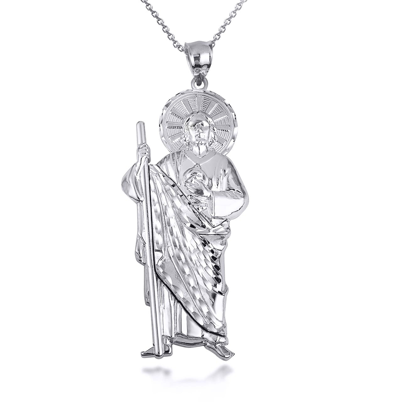 925 Sterling Silver Religious Patron Saint Jude Diamond Cut Pendant Necklace