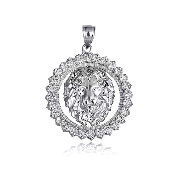 Gold Lion Head Round Cubic Zirconia Pendant Necklace (Available in Yellow/Rose/White Gold)