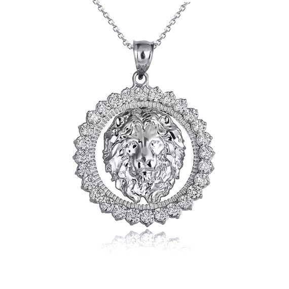 Gold Lion Head Round Cubic Zirconia Pendant Necklace (Available in Yellow/Rose/White Gold)