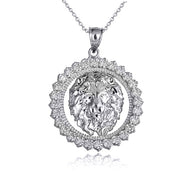 .925 Sterling Silver Cubic Zirconia Lion Beaded Coin Pendant Necklace