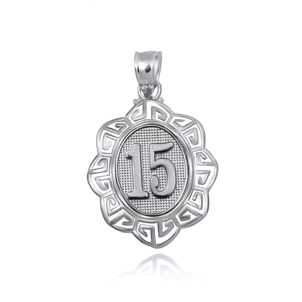 .925 Sterling Silver Quinceañera 15 Años Greek Key Textured Pendant Necklace