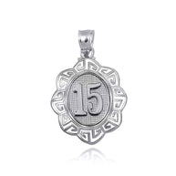 .925 Sterling Silver Quinceañera 15 Años Greek Key Textured Pendant Necklace