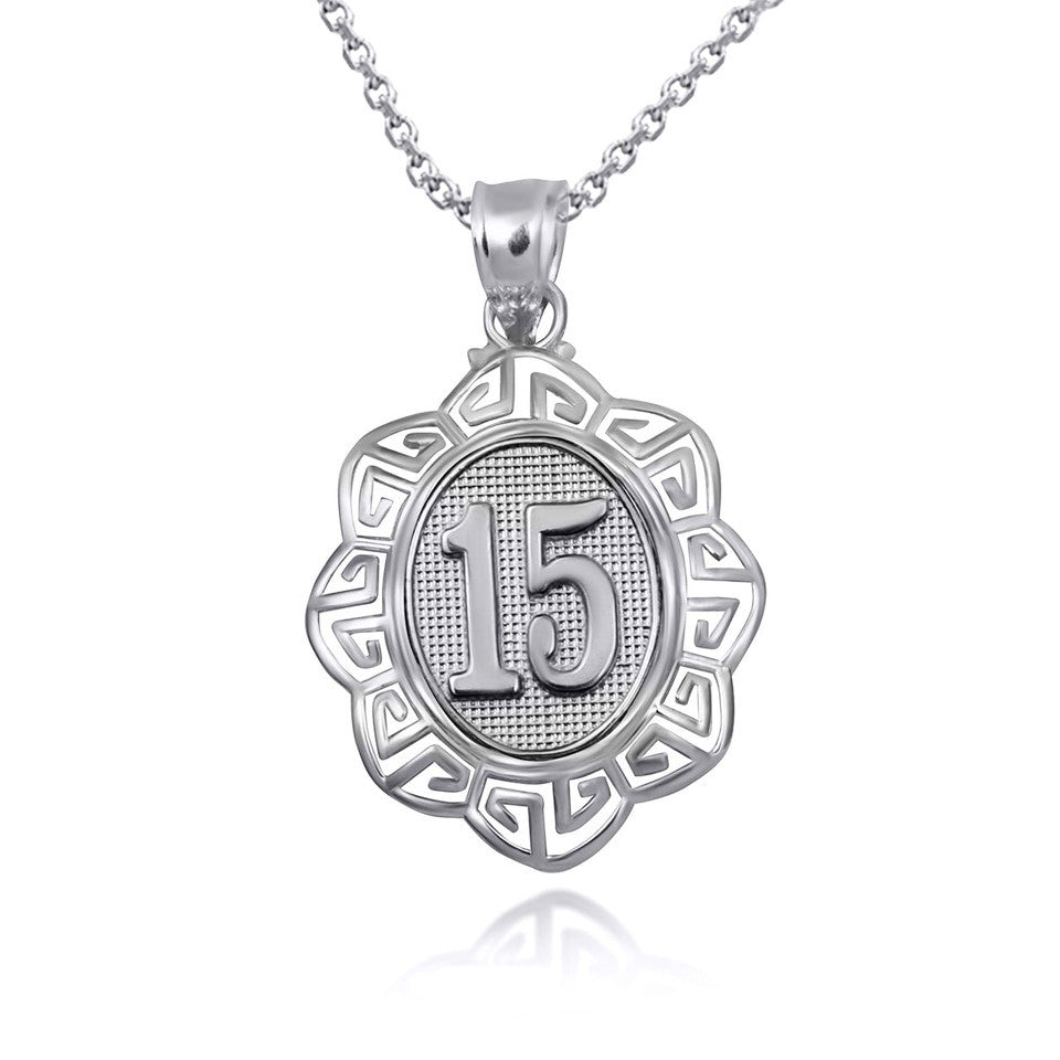 .925 Sterling Silver Quinceañera 15 Años Greek Key Textured Pendant Necklace