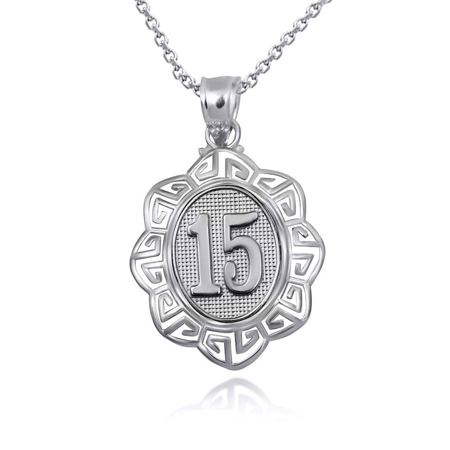 .925 Sterling Silver Quinceañera 15 Años Greek Key Textured Pendant Necklace