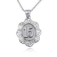 .925 Sterling Silver Quinceañera 15 Años Greek Key Textured Pendant Necklace