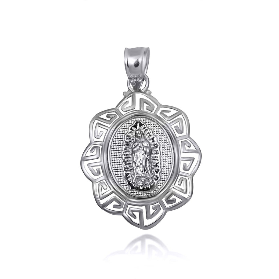 925 Sterling Silver Our Lady of Guadalupe Greek Key Oval Textured Pendant Necklace