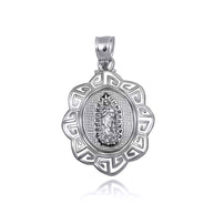 925 Sterling Silver Our Lady of Guadalupe Greek Key Oval Textured Pendant Necklace